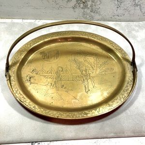 Antique Engraved Brass Tray Handmade in China Intricate Decorative Handled EUC